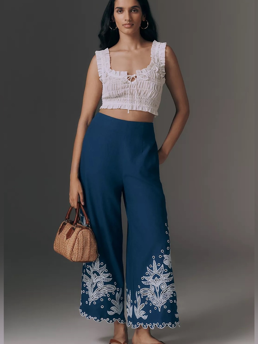 Farm Rio Linen Blend Crochet Flower Pants, Small